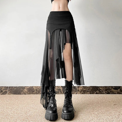 Goth Irregular Fashion Y2K Cyber Club Hem Alt Harajuku Patchwork Mid Mesh Streetwear Skirt