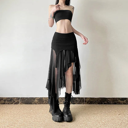 Goth Irregular Fashion Y2K Cyber Club Hem Alt Harajuku Patchwork Mid Mesh Streetwear Skirt