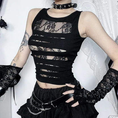 Dark Cut Out Sexy Grunge Punk Mall Gothic Lace Techwear Bodycon Crop Top