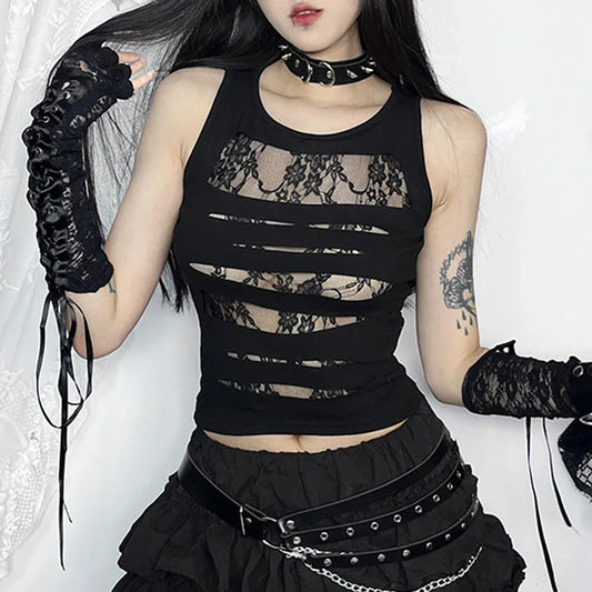 Dark Cut Out Sexy Grunge Punk Mall Gothic Lace Techwear Bodycon Crop Top