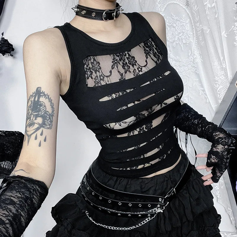 Dark Cut Out Sexy Grunge Punk Mall Gothic Lace Techwear Bodycon Crop Top