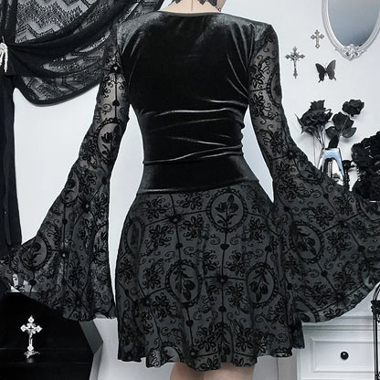 Dark Elegant Vintage Gothic Velvet Dresses Grunge Punk Style Flocked Bandage Flare Sleeve Party Outfit