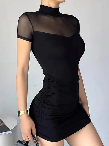 Julia Fashion - Goth Dark Mock Neck Bodycon Mesh Sheer Party Mini Dress