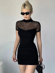 Julia Fashion - Goth Dark Mock Neck Bodycon Mesh Sheer Party Mini Dress