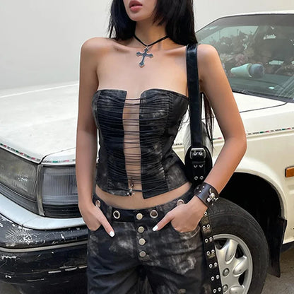 Goth Dark Punk Retro Grunge Strapless Tight Top