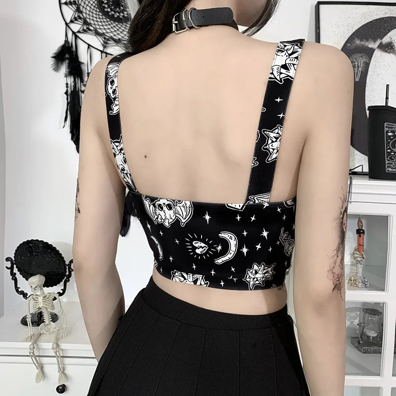 Gothic Print Sexy Backless Y2K Punk Zip Corset Crop Top