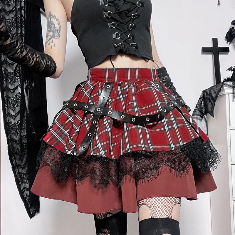 Gothic Girls Plaid Pleated Sweet Lace Kawaii Y2k Costume Skirt