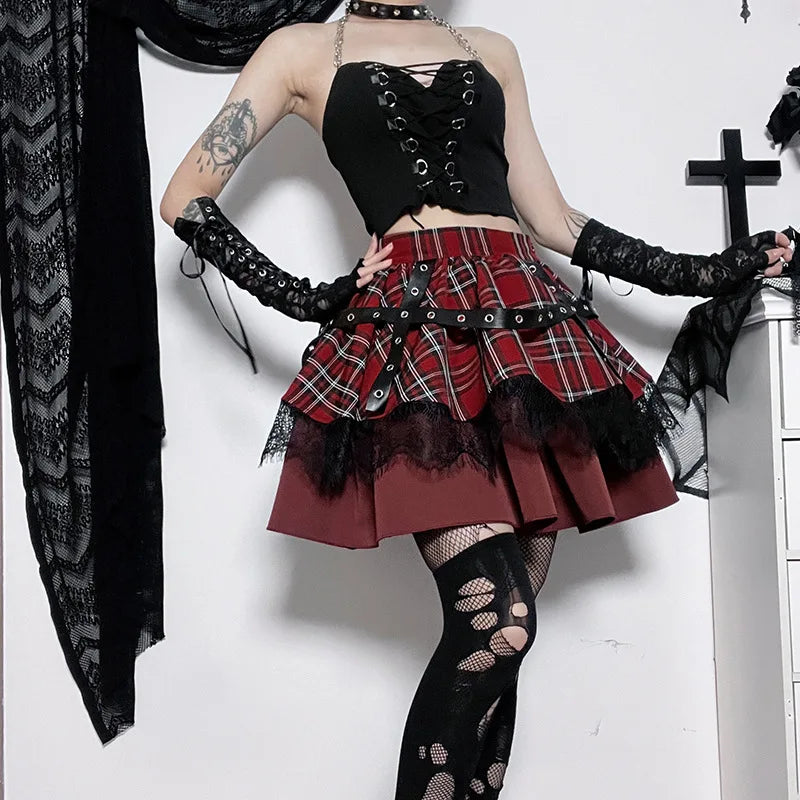 Gothic Girls Plaid Pleated Sweet Lace Kawaii Y2k Costume Skirt