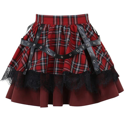 Gothic Girls Plaid Pleated Sweet Lace Kawaii Y2k Costume Skirt