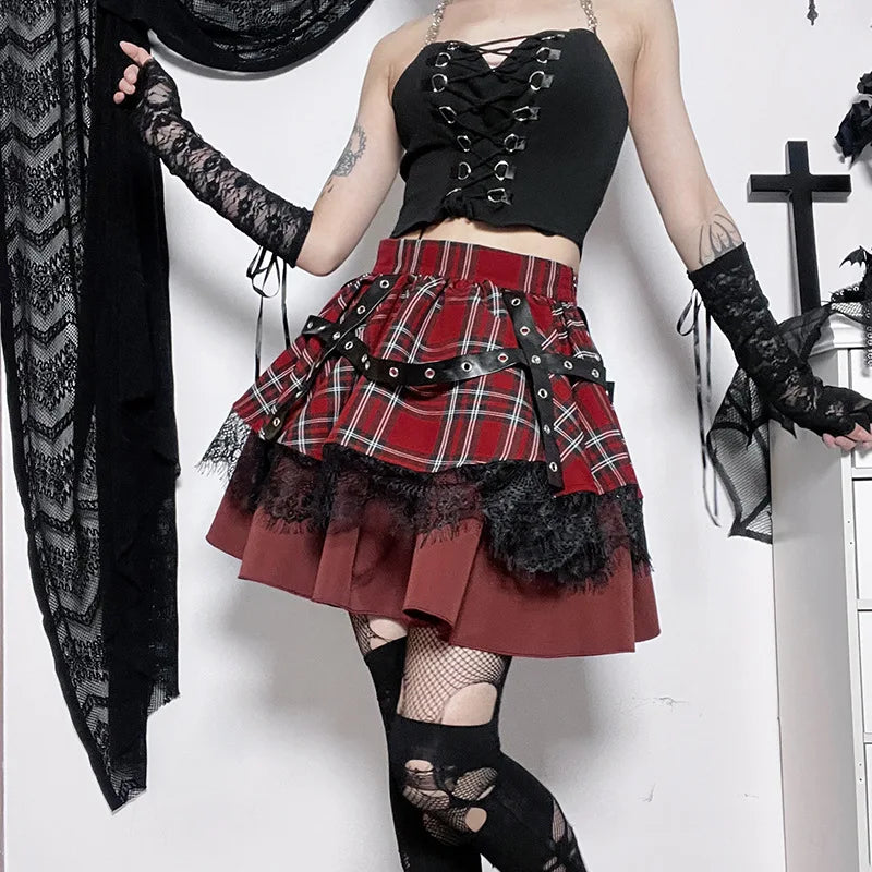 Gothic Girls Plaid Pleated Sweet Lace Kawaii Y2k Costume Skirt