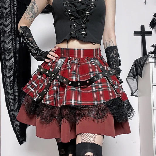 Gothic Girls Plaid Pleated Sweet Lace Kawaii Y2k Costume Skirt