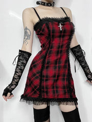 Gothic High Waist Plaid Halter Vintage Retro Grunge Aesthetics Contrast Swing Party Dress
