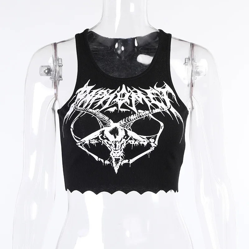 Gothic Grunge Punk Black Goat Print Crop Top