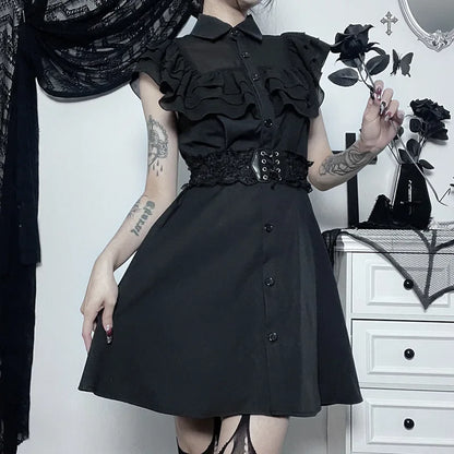 Gothic Mall Harajuku E-Girl Dress Mesh Patchwork Black Slim A-Line Sexy Grunge Aesthetic Streetwear Dress