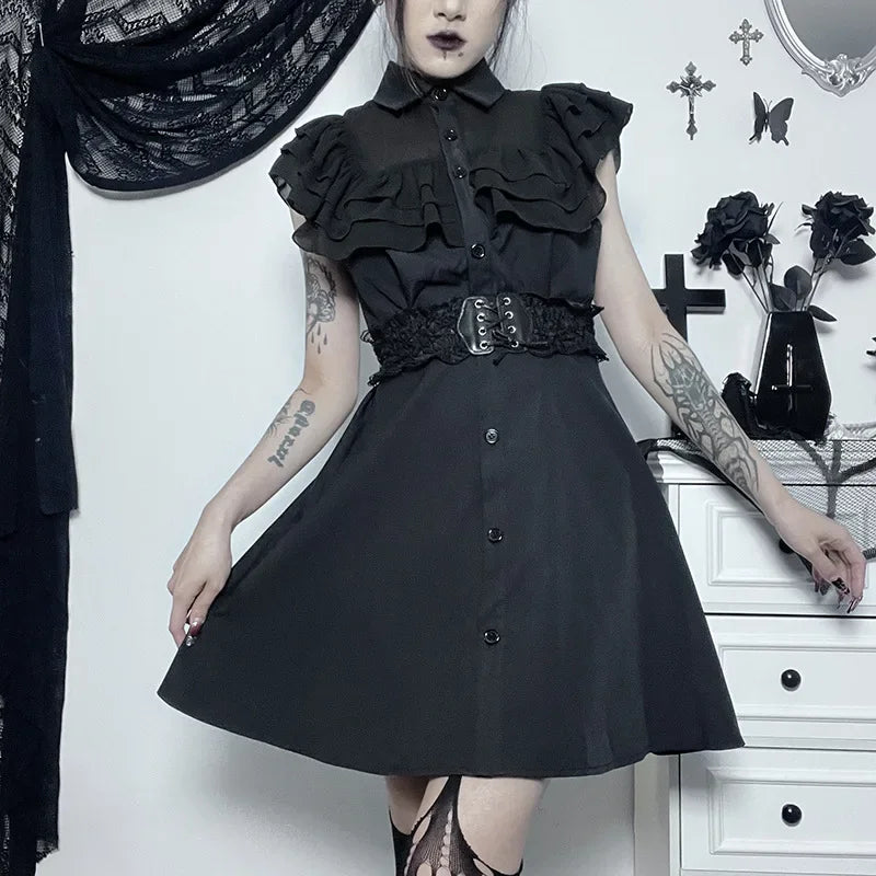 Gothic Mall Harajuku E-Girl Dress Mesh Patchwork Black Slim A-Line Sexy Grunge Aesthetic Streetwear Dress