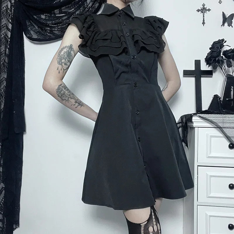 Gothic Mall Harajuku E-Girl Dress Mesh Patchwork Black Slim A-Line Sexy Grunge Aesthetic Streetwear Dress