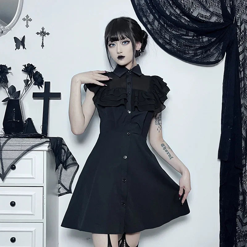 Gothic Mall Harajuku E-Girl Dress Mesh Patchwork Black Slim A-Line Sexy Grunge Aesthetic Streetwear Dress