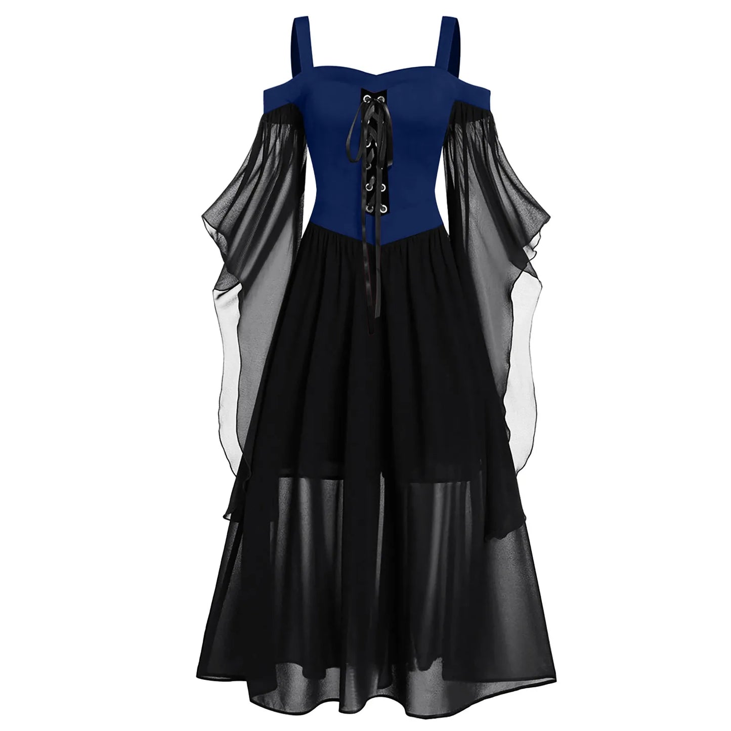 JuliaFashion - Gothic Medieval Cosplay Carnival Women Cold Shoulder Butterfly Sleeve Solid Color Splicing Halloween Elegant Dress