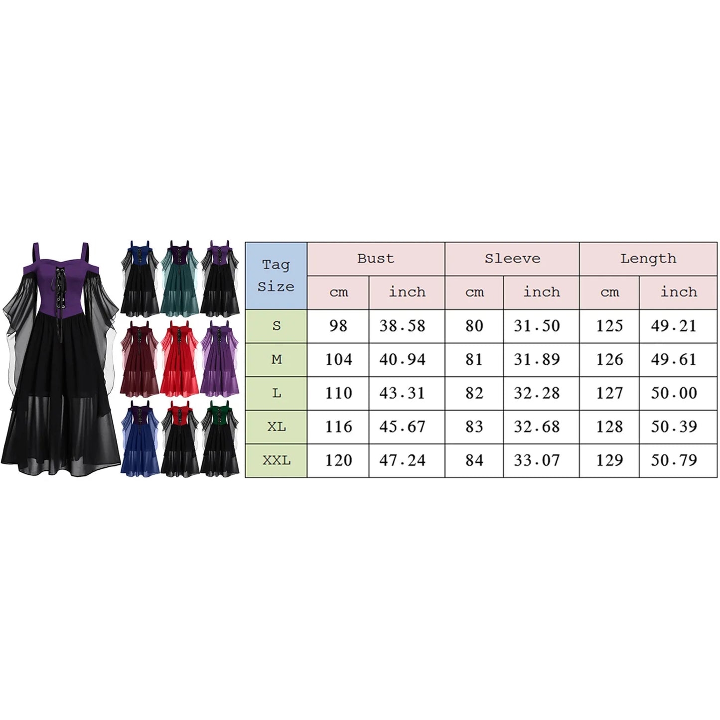 JuliaFashion - Gothic Medieval Cosplay Carnival Women Cold Shoulder Butterfly Sleeve Solid Color Splicing Halloween Elegant Dress