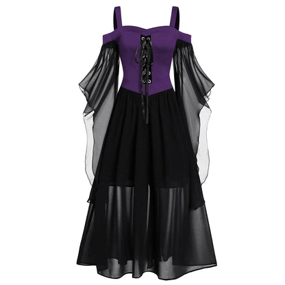 JuliaFashion - Gothic Medieval Cosplay Carnival Women Cold Shoulder Butterfly Sleeve Solid Color Splicing Halloween Elegant Dress