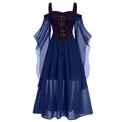 JuliaFashion - Gothic Medieval Cosplay Carnival Women Cold Shoulder Butterfly Sleeve Solid Color Splicing Halloween Elegant Dress