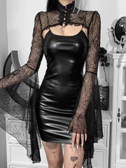 Julia Fashion - Flare Sleeve Crop Tops Backless Bodycon Mini Dress