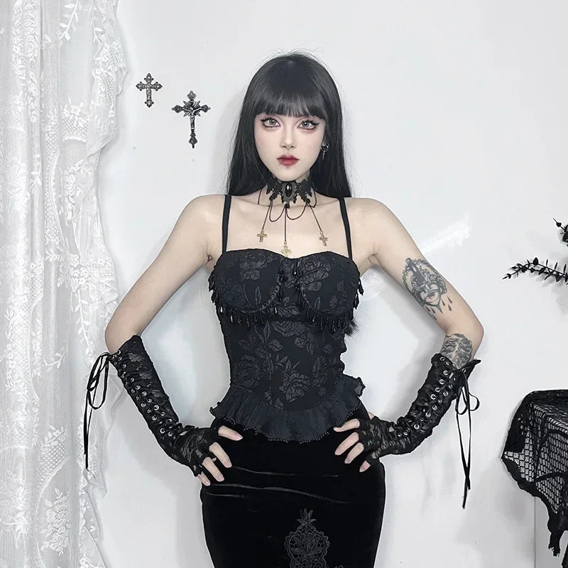 Gothic Retro Sexy Grunge Bead Pendant Backless Crop Top