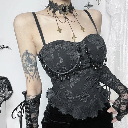 Gothic Retro Sexy Grunge Bead Pendant Backless Crop Top