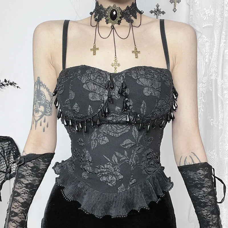 Gothic Retro Sexy Grunge Bead Pendant Backless Crop Top