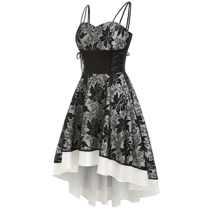 JuliaFashion - Gothic Spaghetti Strap Women Vintage Bandage Lace Up High Low Tunic Party Cosplay Outfits Printed Slim Vestidos Dress