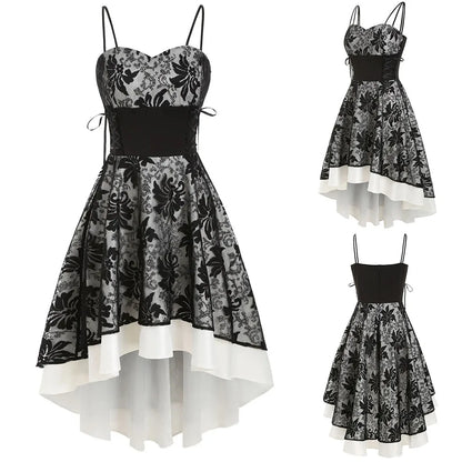 JuliaFashion - Gothic Spaghetti Strap Women Vintage Bandage Lace Up High Low Tunic Party Cosplay Outfits Printed Slim Vestidos Dress