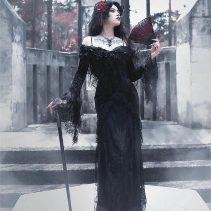 Women Dark Gothic Mid-Length Black Dress