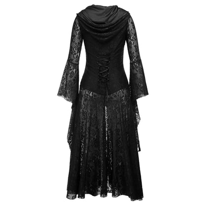 JuliaFashion - Gothic Vestidos Vintage Lace Medieval Retro Cosplay Lace Party Long Sleeve Costumes Black Sexy Hooded Dress