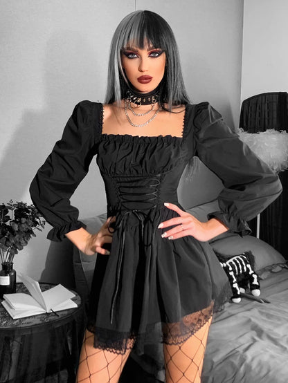 Long Sleeve Lolita Black Puff Sleeve High Waist Vintage Bandage Lace Trim Party Outfit