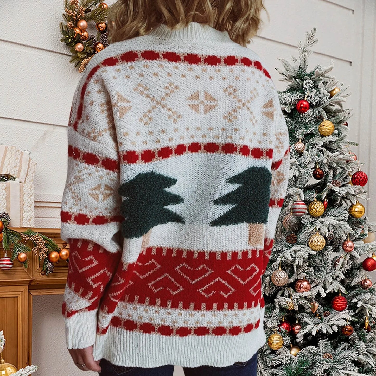Fashion Tree Embroidery Casual Loose Retro Green Christmas Sweater Sweaters-L