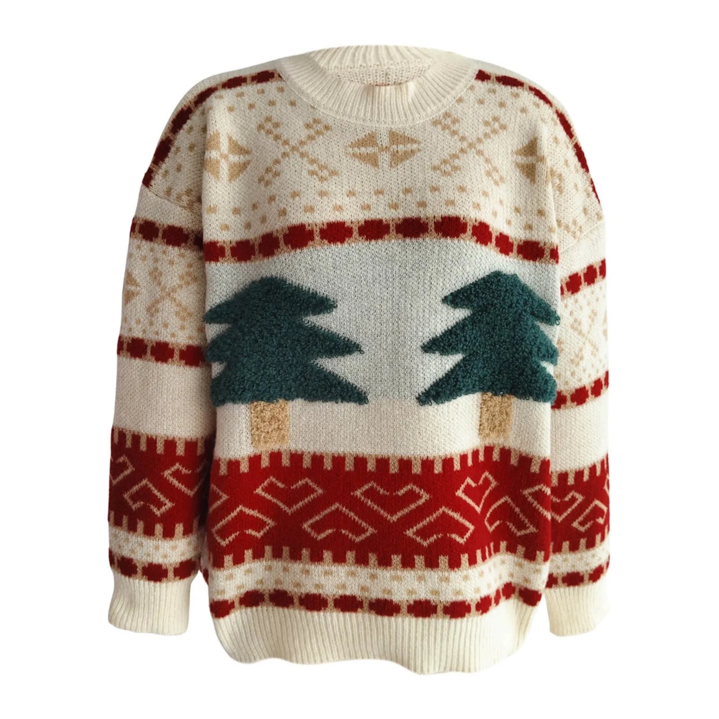 Fashion Tree Embroidery Casual Loose Retro Green Christmas Sweater Sweaters-L