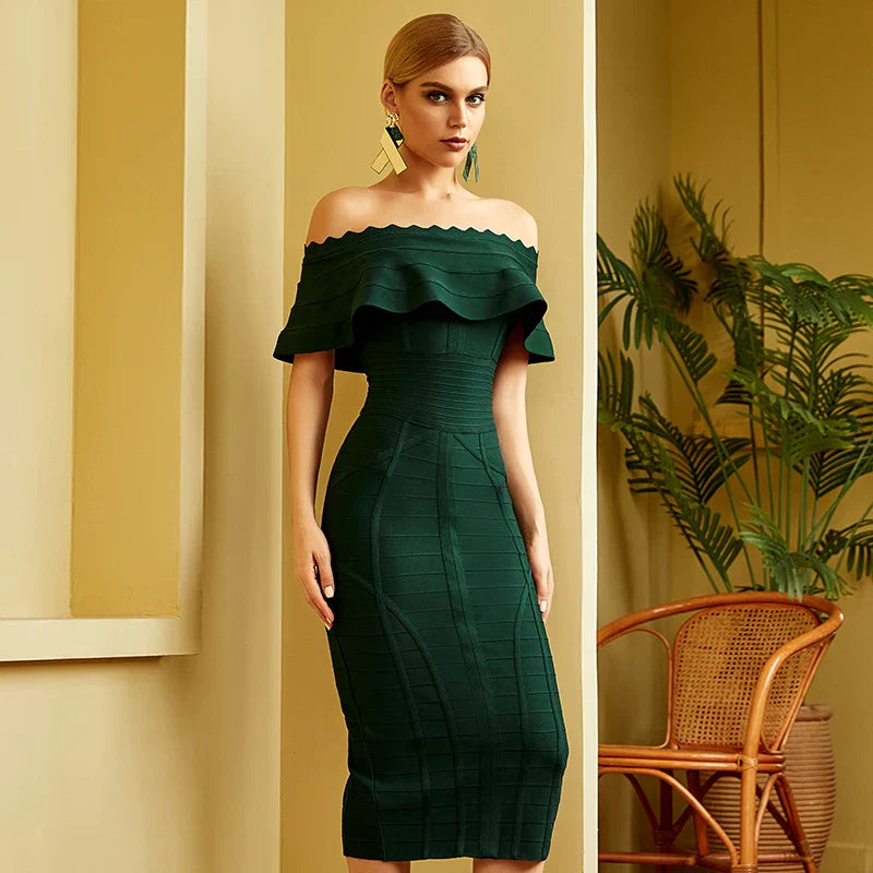 Green Ladies Bandage Dress Ruffles Slash Neck Bodycon Knee-Length Christmas Party Dresses-L