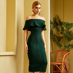 Green Ladies Bandage Dress Ruffles Slash Neck Bodycon Knee-Length Christmas Party Dresses-L