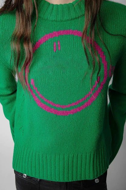 Happy Face Casual Fashion Round Neck Wool Knitted Green Christmas Sweater Sweaters-L