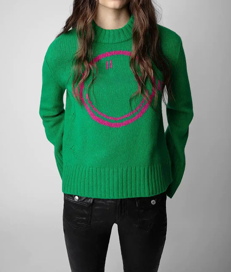 Happy Face Casual Fashion Round Neck Wool Knitted Green Christmas Sweater / S Sweaters-L