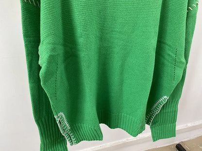 Hand-Woven Loose O-Neck Slit Hem Green Autumn Winter Christmas Sweater Sweaters-L