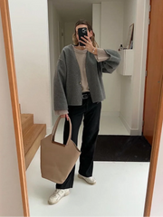 Grey Button Fashion V-neck Wool Short Cardigan