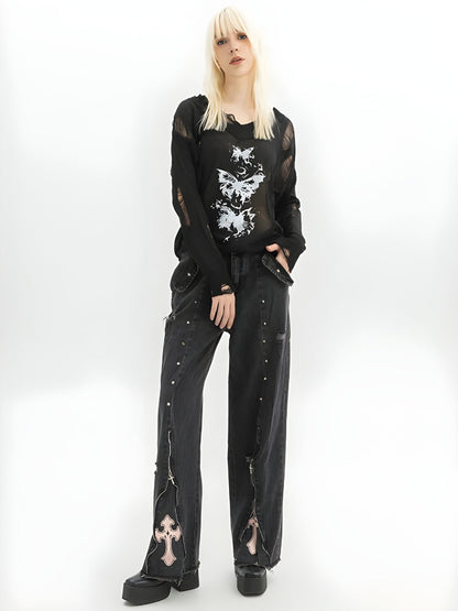 Grunge Cross Zip-Up Jeans