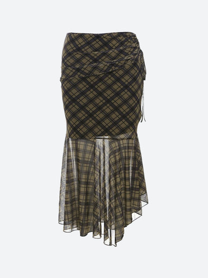 Grunge Plaid Mesh Midi Skirt