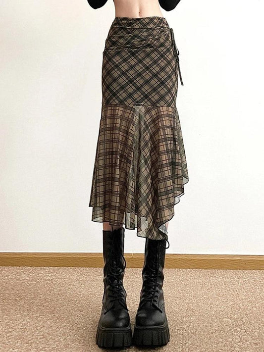 Grunge Plaid Mesh Midi Skirt