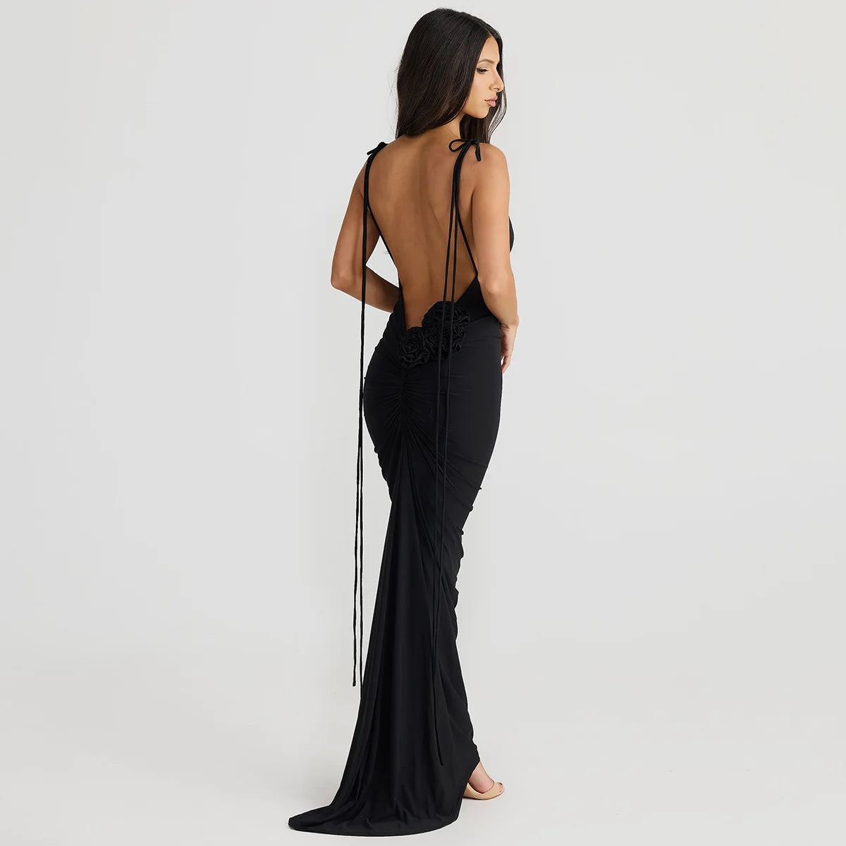 Floral-applique Backless Maxi Christmas Party Dress