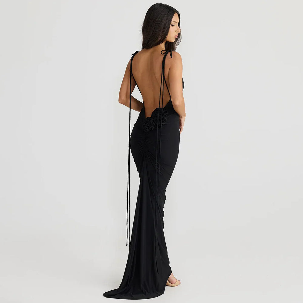 Sexy Floral-Applique Backless Elegant Maxi Christmas Party Dress Dresses-L