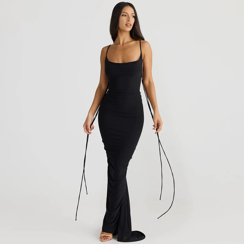 Sexy Floral-Applique Backless Elegant Maxi Christmas Party Dress Dresses-L