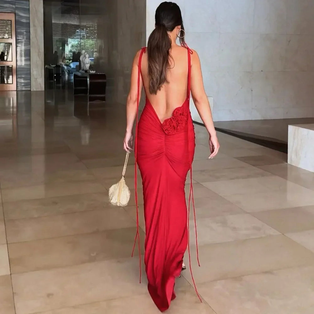 Sexy Floral-Applique Backless Elegant Maxi Christmas Party Dress Dresses-L