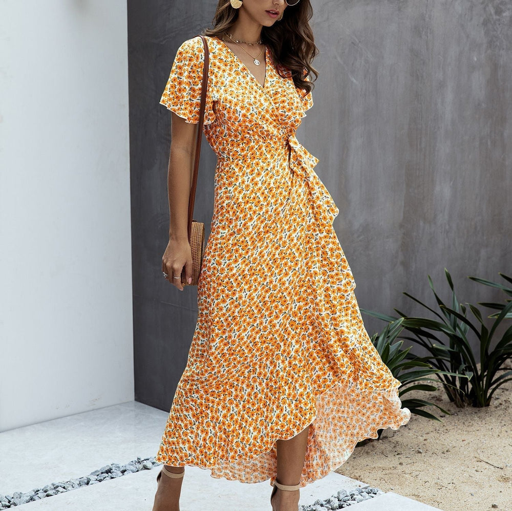 Pink Polka Dot V-Neck Ruffle Short-Sleeved Beach Vacation Summer Dress Xxl / Pink Dresses